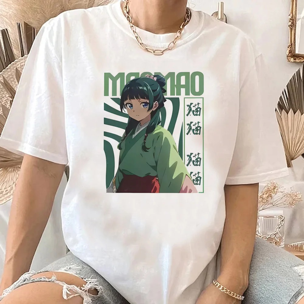 Camiseta branca com a Maomao em fundo verde e kanji, de Diários de uma Apotecária