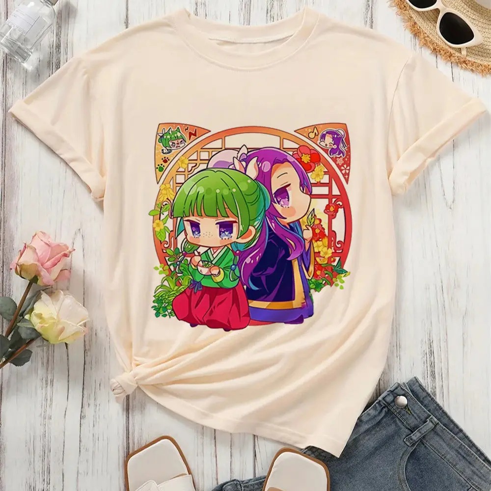 Camiseta bege com Maomao e outro personagem chibi em moldura redonda, de Diários de uma Apotecária