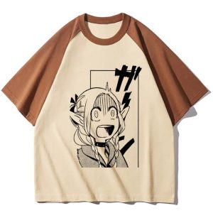 Camiseta raglã bege com a Marcille em painel de mangá com expressão animada, de Dungeon Meshi