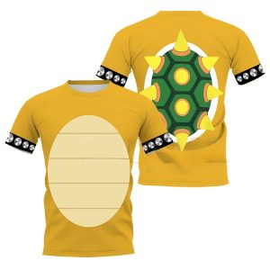Camiseta amarela do Bowser com barriga clara na frente e casco verde com espinhos nas costas, Super Mario