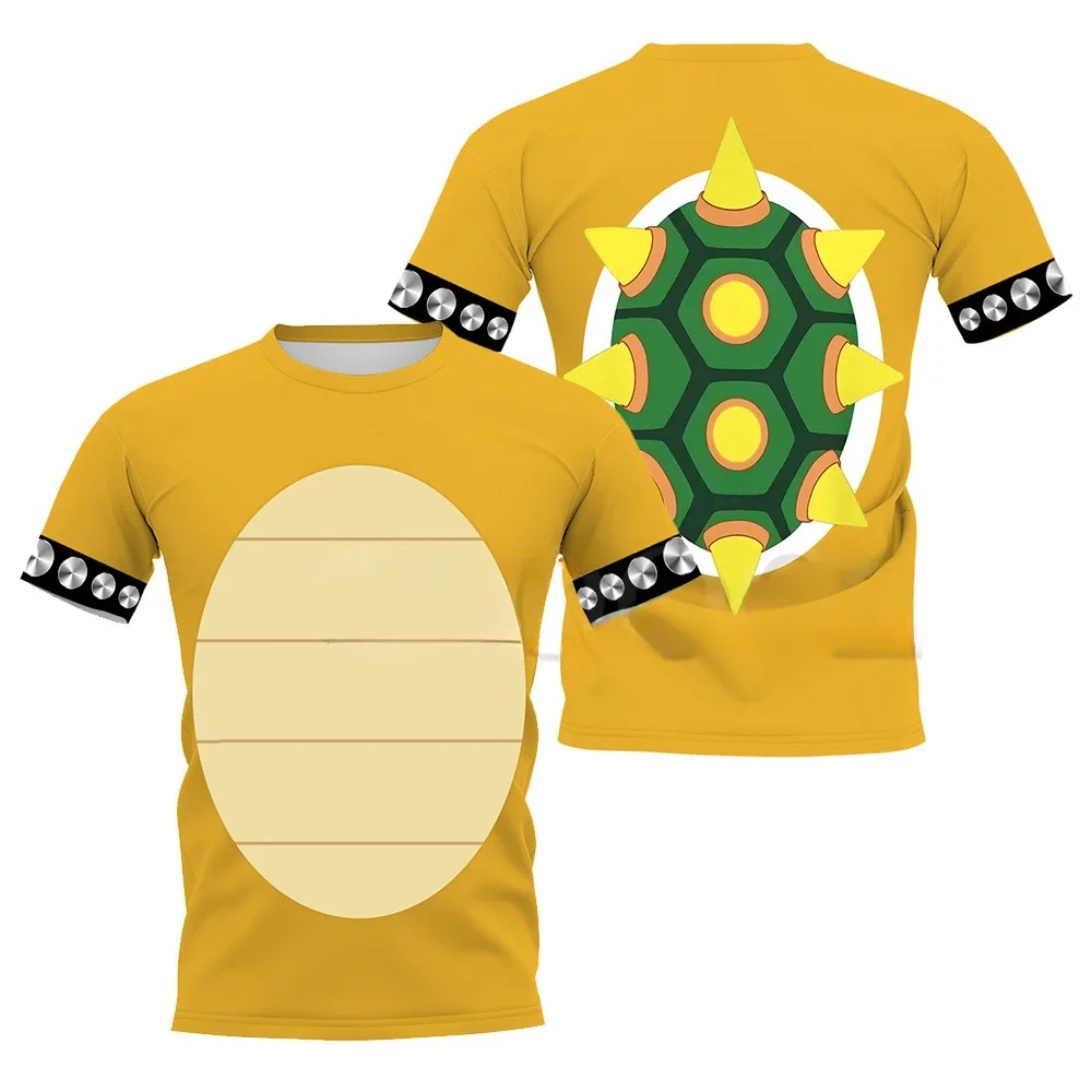 Camiseta amarela do Bowser com barriga clara na frente e casco verde com espinhos nas costas, Super Mario