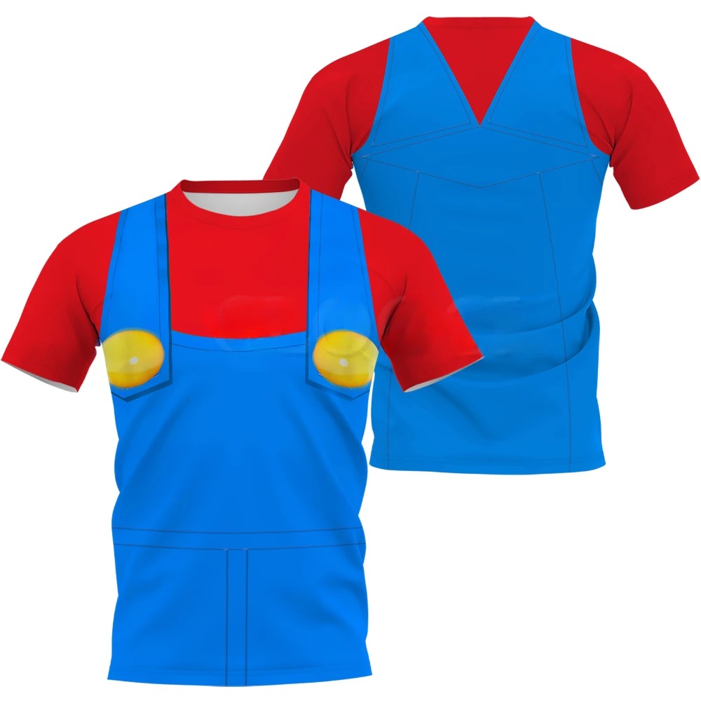 Camiseta do Mario com camisa vermelha e macacão azul com botões amarelos, frente e costas