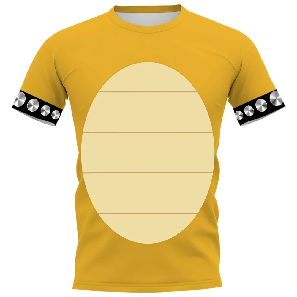 Camiseta amarela com a barriga do Bowser e pulseiras de espinhos nas mangas, Super Mario