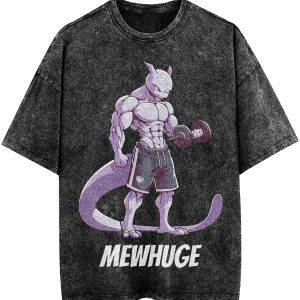 Camiseta preta lavada com o Mewtwo musculoso e a palavra Mewhuge, de Pokémon