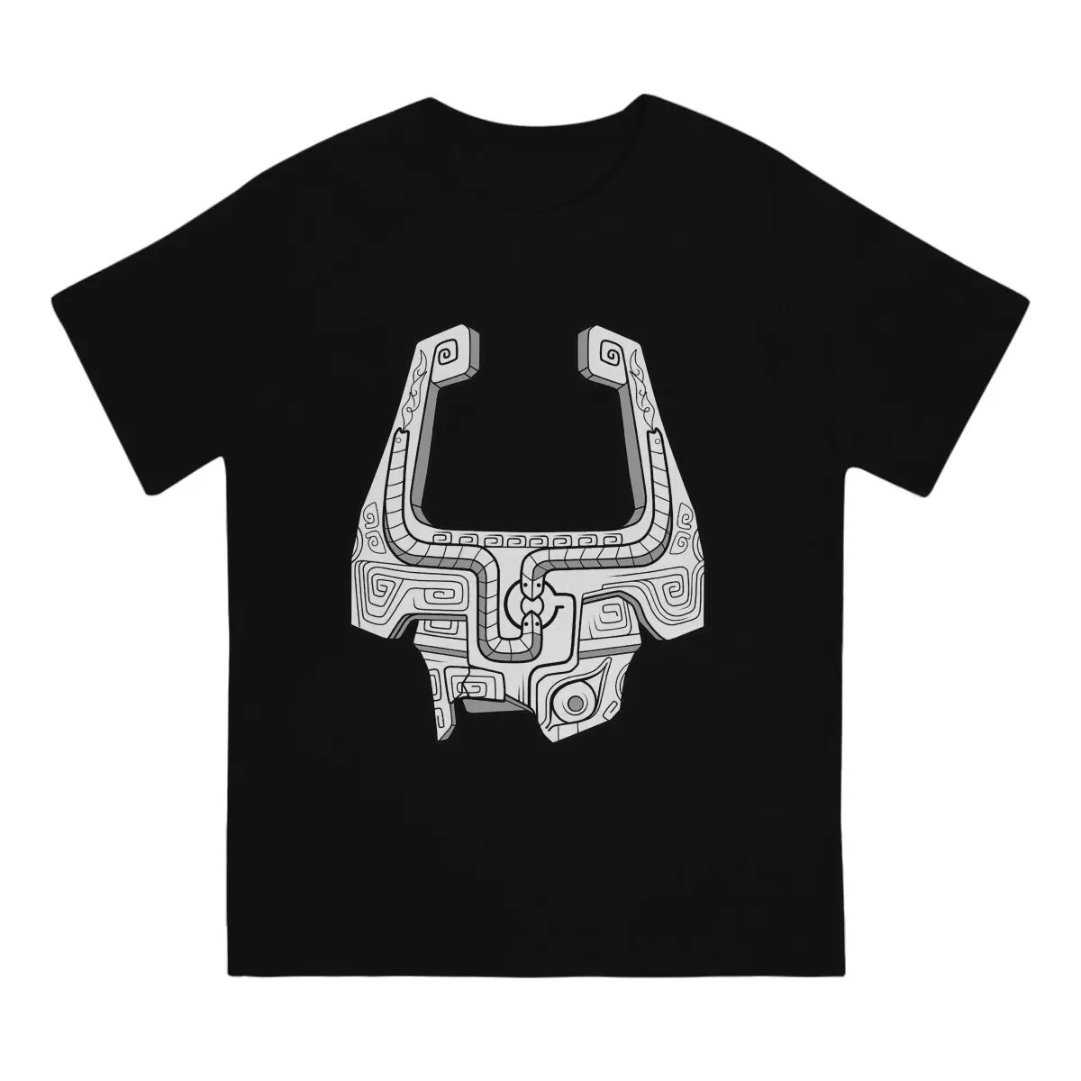 Camiseta preta com a estampa do capacete da Midna, de Twilight Princess, em branco e cinza