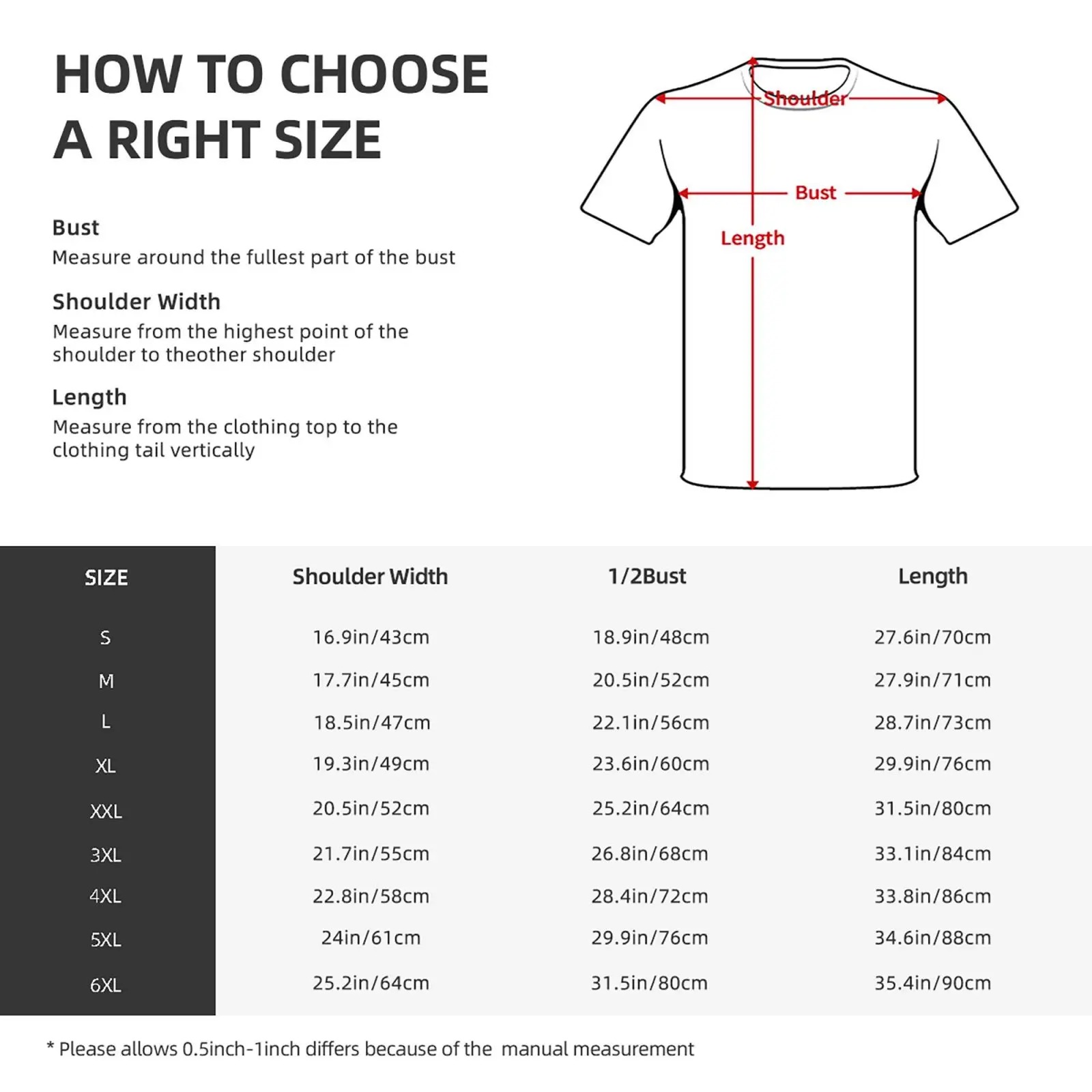 Tabela de medidas da camiseta da Midna, do tamanho S ao 5XL