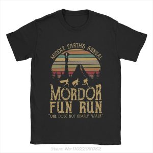 Camiseta preta com estampa retrô Mordor Fun Run e o Olho de Sauron, de O Senhor dos Anéis