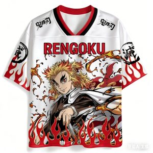 Camiseta jersey branca do Rengoku, de Demon Slayer, com gola V vermelha e chamas na barra