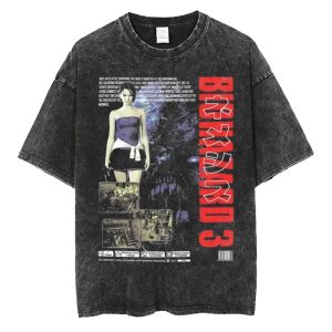 Camiseta preta lavada com a estampa de Biohazard 3, de Resident Evil, com a Jill Valentine