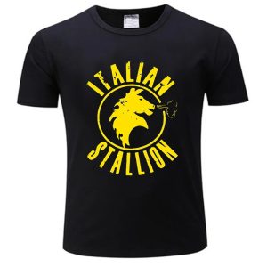 Camiseta preta com o emblema amarelo Italian Stallion e cabeça de garanhão, de Rocky Balboa