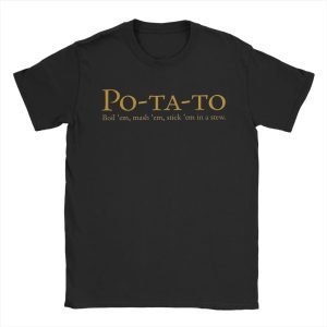 Camiseta preta com a frase Po-ta-to em letras douradas, inspirada em O Senhor dos Anéis