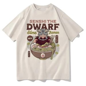 Camiseta caqui com o anão Senshi dentro de uma tigela de lámen de slime, de Dungeon Meshi