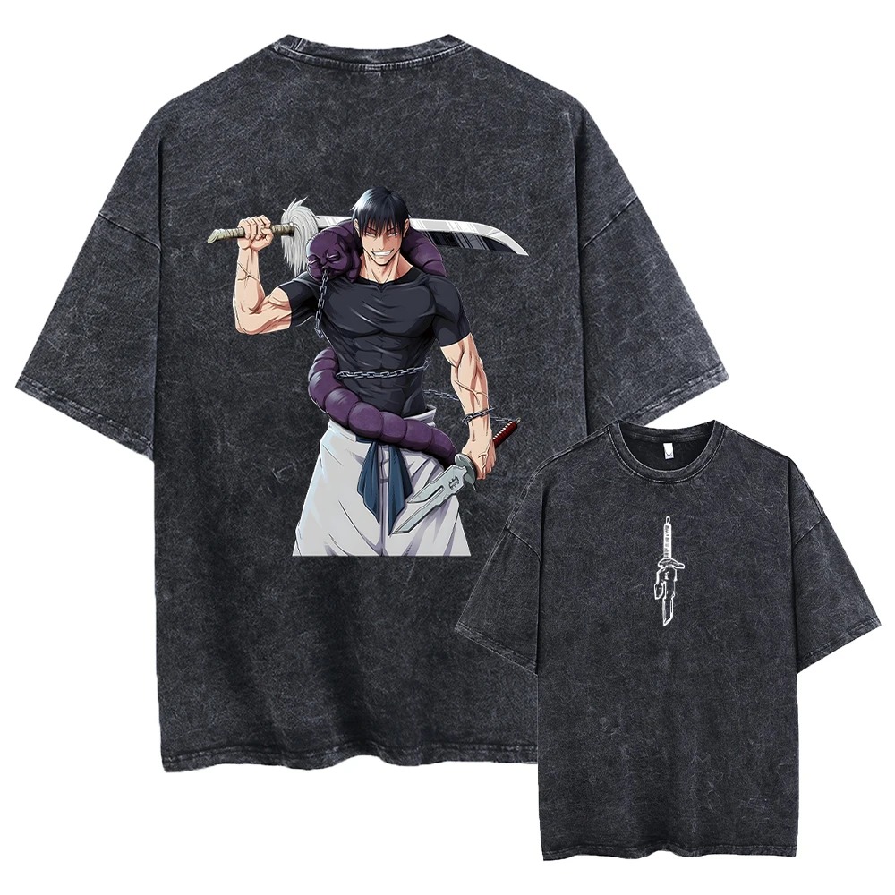 Camiseta preta lavada com Toji Fushiguro empunhando uma espada, de Jujutsu Kaisen