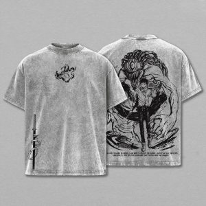 Camiseta cinza lavada, frente e costas, com arte de Yuta Okkotsu e Rika de Jujutsu Kaisen