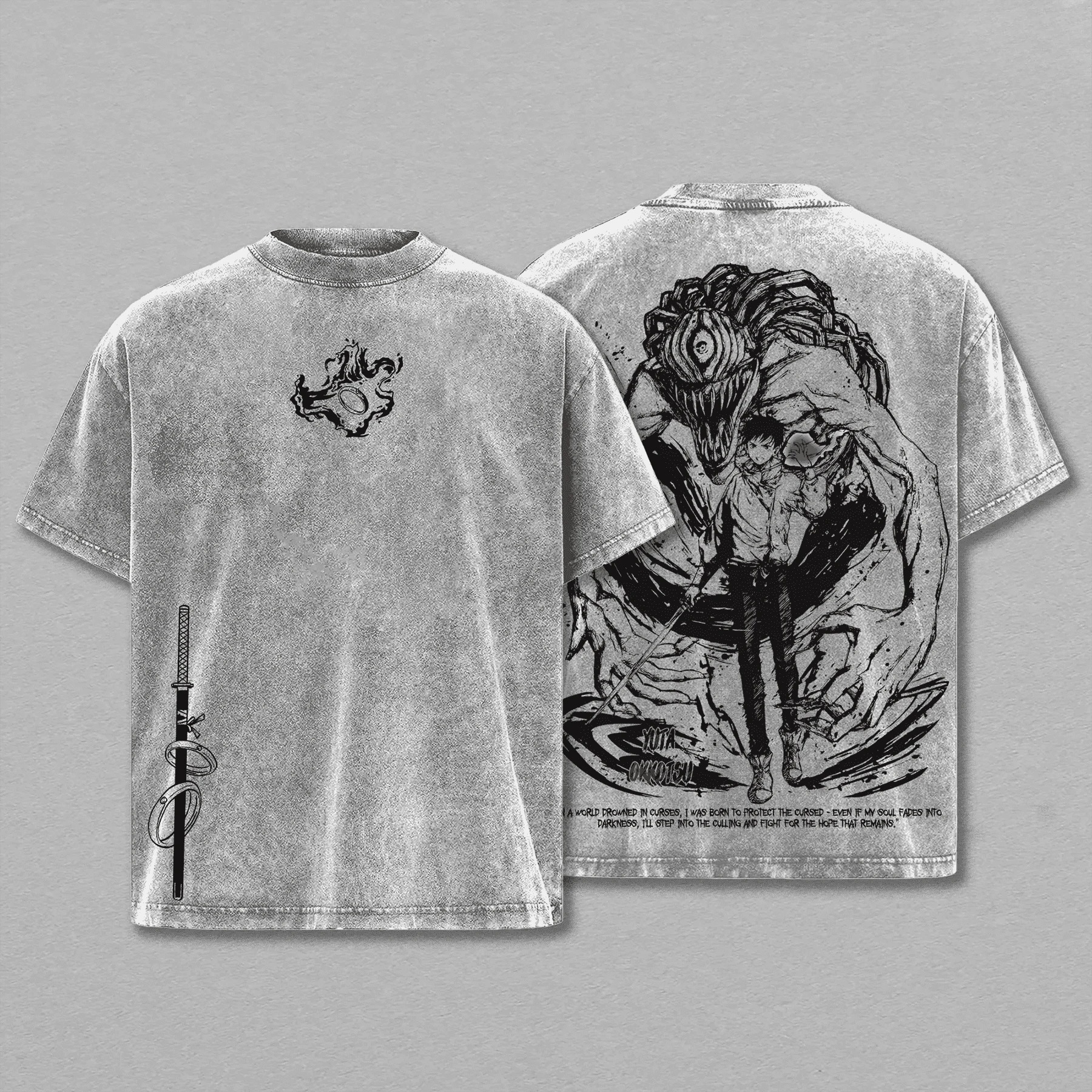 Camiseta cinza lavada, frente e costas, com arte de Yuta Okkotsu e Rika de Jujutsu Kaisen