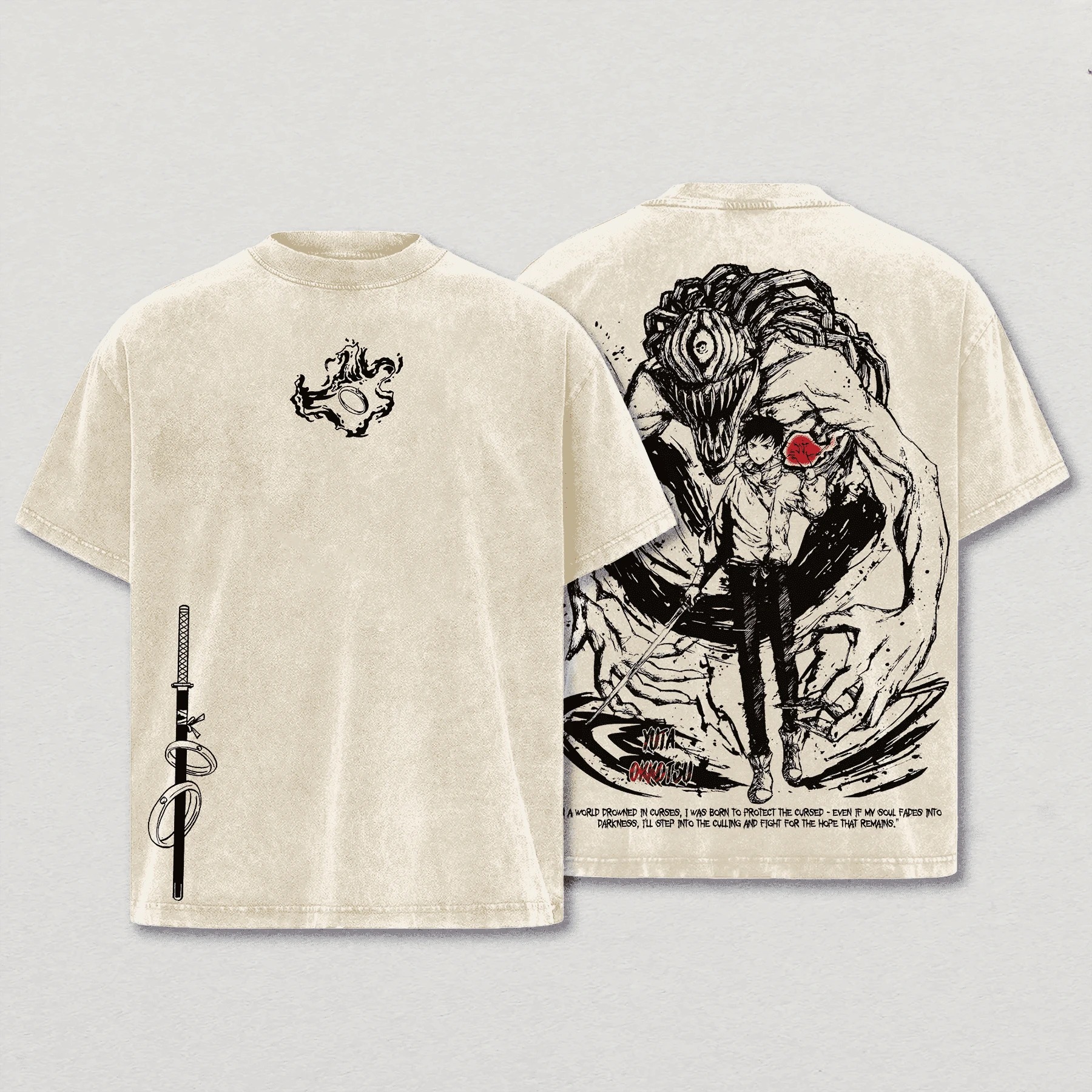 Camiseta bege lavada, frente e costas, com arte de Yuta Okkotsu e Rika de Jujutsu Kaisen