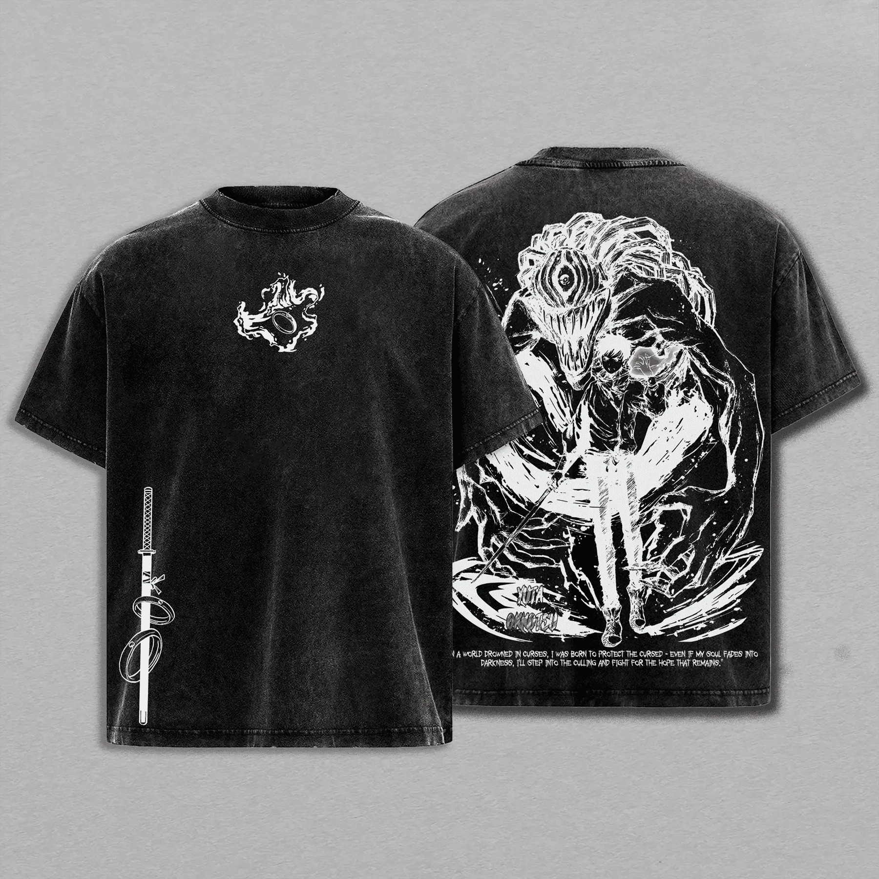 Camiseta preta lavada, frente e costas, com arte de Yuta Okkotsu e Rika de Jujutsu Kaisen