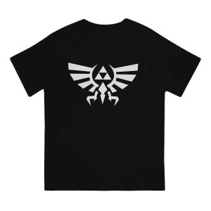 Camiseta preta com o brasão Hylian e a Triforce em branco, de The Legend of Zelda