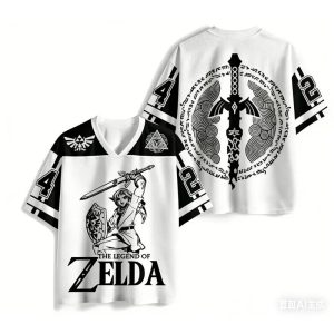 Camiseta jersey branca e preta de Zelda com o Link e o escudo, frente e costas com a Master Sword