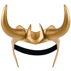 Capacete dourado com chifres curvos do Loki, para cosplay, visto de frente com faixa elástica preta
