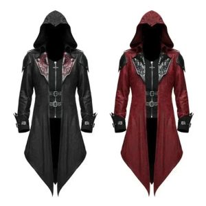 Casaco longo com capuz de assassino, nas cores preto e vermelho, estilo Assassin's Creed