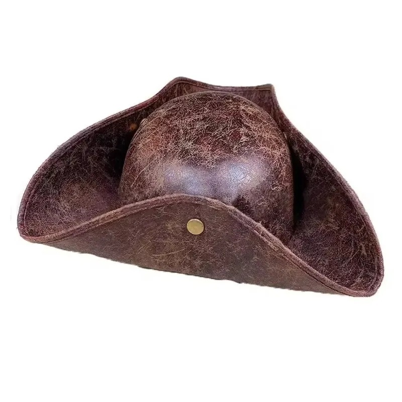 Chapéu pirata tricórnio marrom de couro sintético com efeito envelhecido e botão dourado