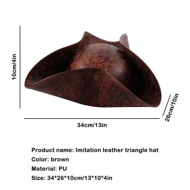 Chapéu pirata marrom com medidas de 34 x 26 x 10 cm indicadas na imagem