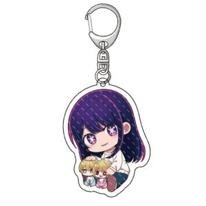 Chaveiro acrílico chibi da Ai Hoshino, de Oshi no Ko, com os pequenos Aqua e Ruby aos pés