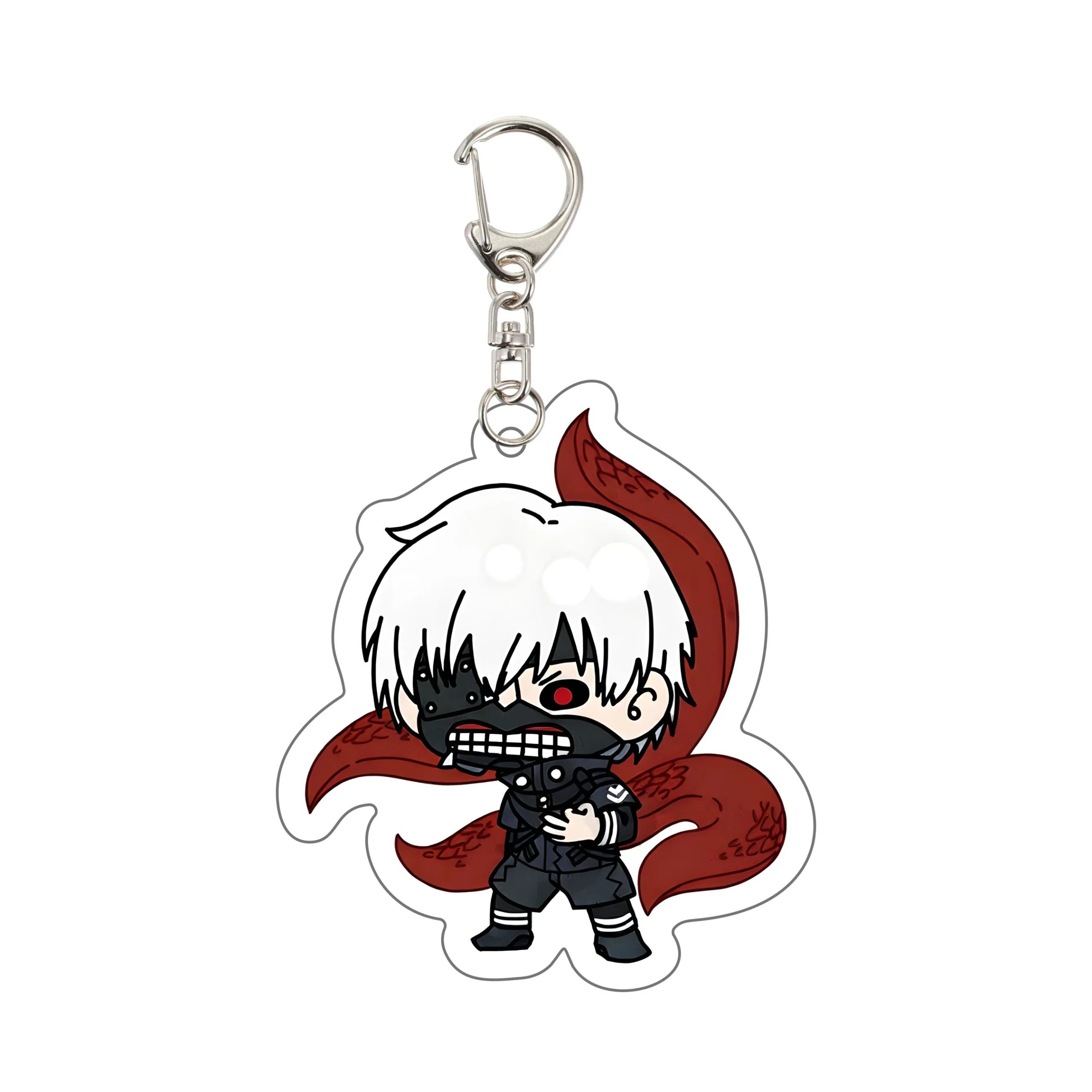 Chaveiro acrílico chibi do Kaneki mascarado, de Tokyo Ghoul, com tentáculos vermelhos