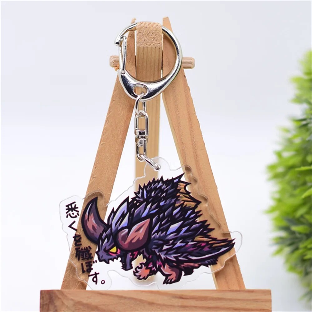 Chaveiro de acrílico com monstro roxo e espinhoso de Monster Hunter em estilo chibi