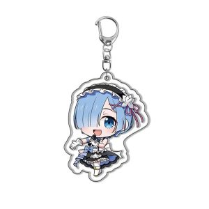 Chaveiro acrílico chibi da Rem, de Re:Zero, cabelo azul e uniforme de empregada