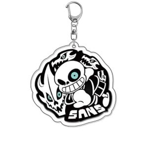 Chaveiro de acrílico do Sans, de Undertale, com ilustração do esqueleto sorridente e mosquetão de metal
