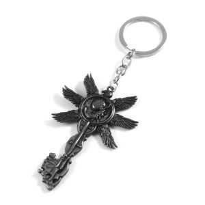 Chaveiro de metal em forma de chave de seis asas, de Resident Evil Village, com argola e corrente