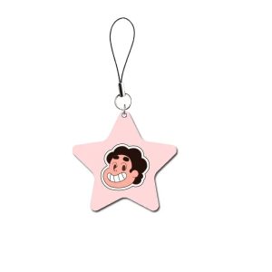 Chaveiro estrela rosa claro com o rosto do Steven, de Steven Universe, e cordão preto