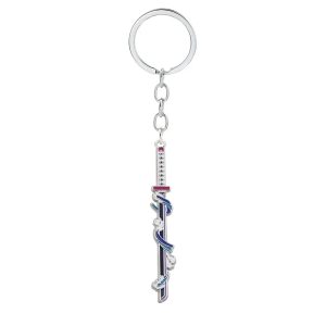 Chaveiro de katana em miniatura de Demon Slayer, em metal esmaltado com argola e corrente