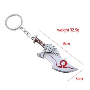 Chaveiro de metal da Lâmina do Caos de God of War, prateado com símbolo ômega vermelho, preso a uma argola