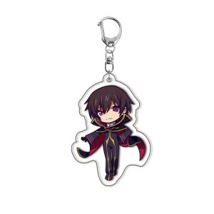 Chaveiro de acrílico do Lelouch de Code Geass em estilo chibi, com traje preto e capa vermelha