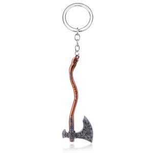 Chaveiro de metal em forma do machado do Kratos, de God of War, com cabo cor de cobre e argola
