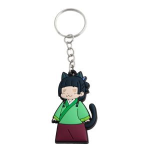Chaveiro de silicone da Maomao gatinha, de roupa verde e saia vinho, com argola e corrente