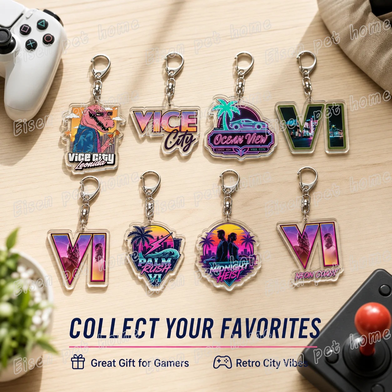 Chaveiros de acrílico de Vice City sobre uma mesa de madeira, ao lado de um controle de videogame