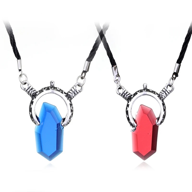 Dois colares de amuleto de Dante em cristal azul e vermelho com argola metálica e cordão preto
