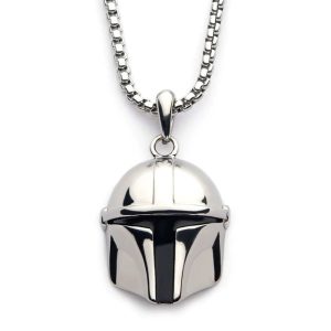 Colar com pingente do capacete prateado do Din Djarin, The Mandalorian, em corrente de aço