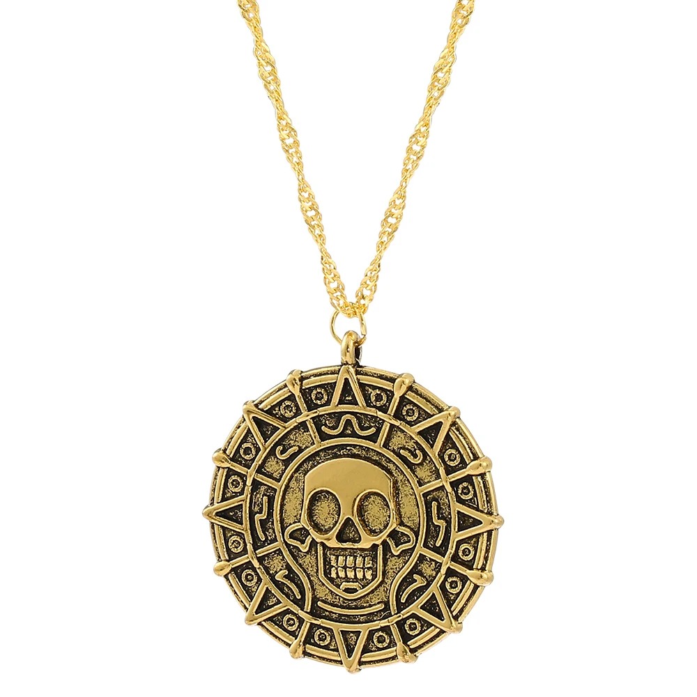 Colar com medalhão de caveira em bronze envelhecido, inspirado na moeda asteca de Piratas do Caribe