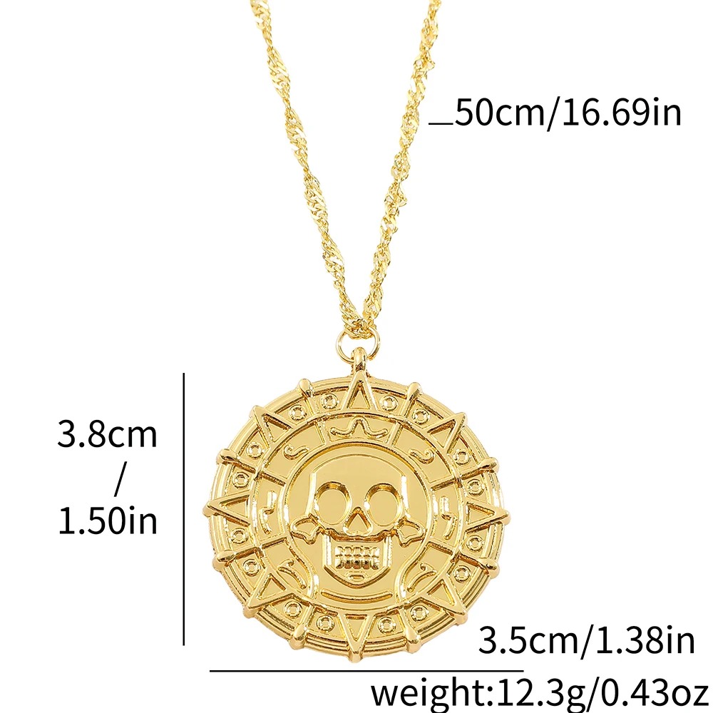 Colar medalhão asteca dourado de Piratas do Caribe com medidas da corrente e do pingente