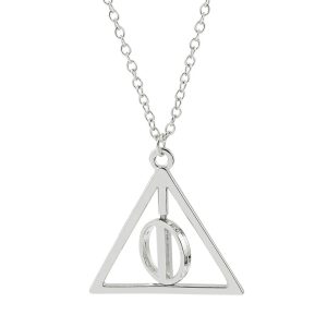 Colar prateado do símbolo das Relíquias da Morte, de Harry Potter, com pingente de triângulo e círculo