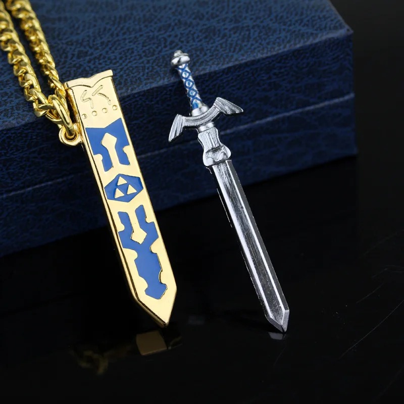 Espada de Skyward Sword retirada da bainha dourada e azul, ao lado da corrente