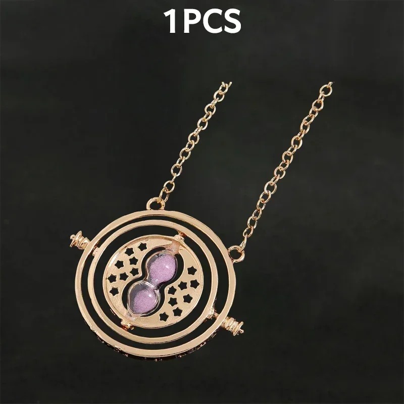 Colar Vira-Tempo dourado com ampulheta de areia roxa, de Harry Potter