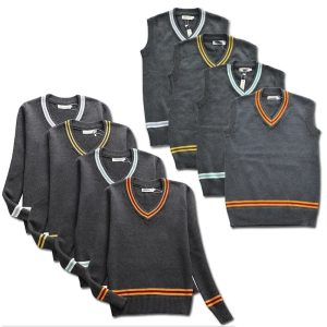 Coletes e suéteres cinza-escuros de tricô com decote em V e listras coloridas, estilo uniforme de Hogwarts, Harry Potter