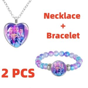 Colar com pingente de coração e pulseira de contas roxas e azuis, com estampa do trio de Guerreiras do K-Pop