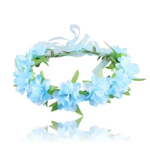 Coroa de flores azul-claras com folhas verdes e fita para amarrar, acessório de cosplay da Frieren